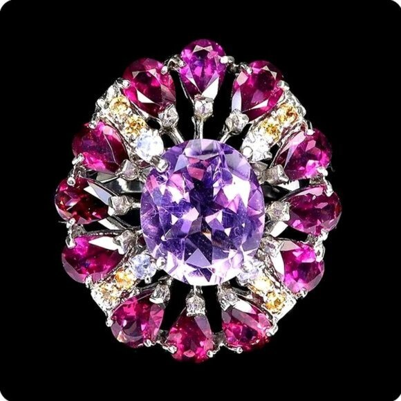 Natural Amethyst 12x10mm & Sapphire Gems 925 Sterling Silver Ring Size‎ 7.75 - Picture 1 of 5